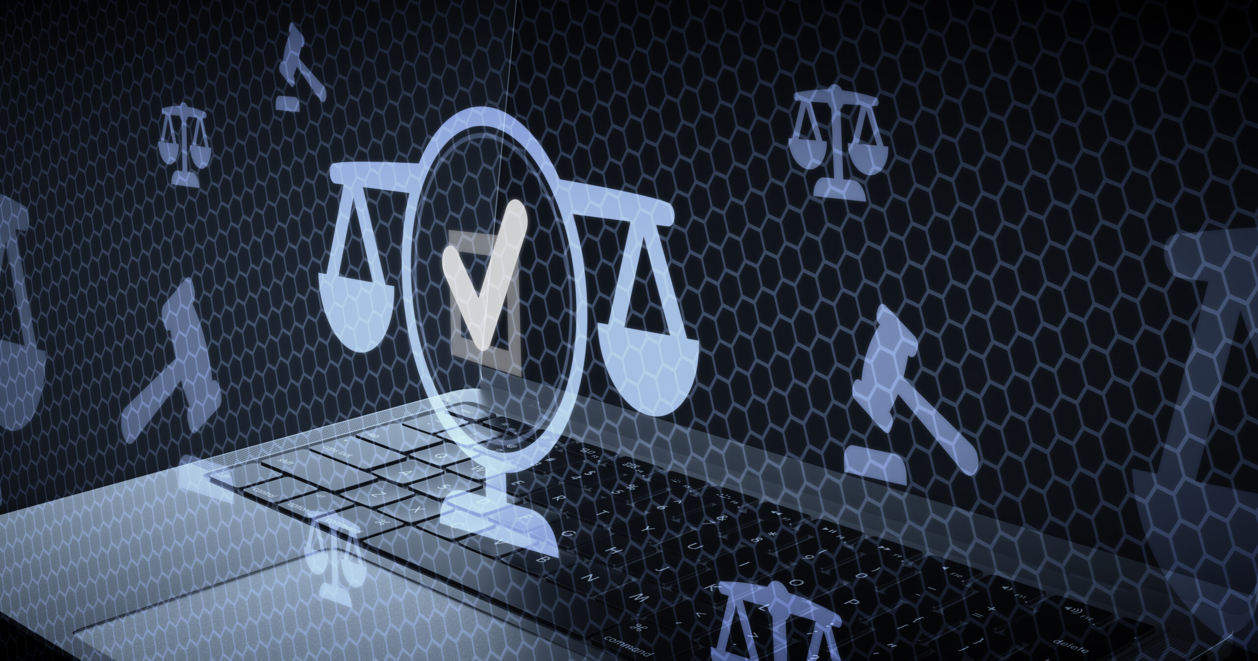 Digital illustration depicting a legal concept with law symbols, scales of justice, and a gavel projected over a laptop keyboard, representing online legal services and cyber law.